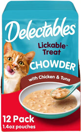 Delectables Lickable Treat Chowder Wet Cat Treat with Real Tuna & Chicken, Food Topper, Hydrating, Grain-Free, No Fillers, By-Products, Added Preservatives, 1.4oz Pouch, 12ct