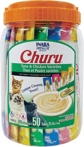 INABA Churu Cat Treats, Lickable, Squeezable Creamy Purée Cat Treat with Green Tea Extract & Taurine, 0.5 Ounces Each Tube, 50 Tubes, Tuna & Chicken Variety