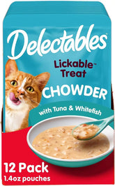 Delectables Lickable Treat Chowder Wet Cat Treat with Real Tuna & Whitefish, Food Topper, Hydrating, Grain-Free, No Fillers, By-Products, Added Preservatives, 1.4oz Pouch, 12ct