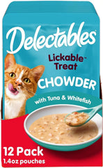 Delectables Lickable Treat Chowder Wet Cat Treat with Real Tuna & Whitefish, Food Topper, Hydrating, Grain-Free, No Fillers, By-Products, Added Preservatives, 1.4oz Pouch, 12ct