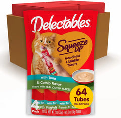 Delectables Squeeze Up Tuna with Catnip Creamy Squeezable Puree, Lickable Wet Cat Treats, Grain Free, No Added Fillers, No By-Products, No Added Preservatives, 0.5 Ounces Tube, 64 Tubes Total