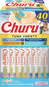 INABA Churu Cat Treats, Lickable, Squeezable Creamy Purée Cat Treat with Green Tea Extract & Taurine, 0.5 Ounces Each Tube, 40 Tubes, Tuna Variety Box