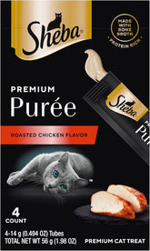 Sheba Premium Puree Lickable Cat Treats, Roasted Chicken, 4 Count, 11 Pack | Grain-free, squeezable tubes, real chicken & bone broth, no corn/wheat/soy, no artificial flavors, 0.49 oz. Tubes, 44 count