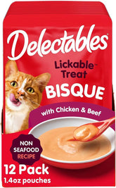 Delectables Lickable Treat Bisque Non-Seafood Wet Cat Treat with Real Chicken & Beef, Food Topper, Hydrating, Grain-Free, No Fillers, By-Products, Added Preservatives, 1.4oz Pouch, 12ct