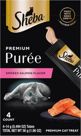 Sheba Premium Puree Lickable Cat Treats, Smoked Salmon, 4 Count, 11 Pack | Grain-free, 44 tubes total, real salmon, chicken bone broth, no corn/wheat/soy, single-serve squeezable tube, 0.49 oz. tubes
