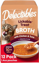 Delectables Lickable Treat Savory Broth Senior 10+ Wet Cat Treats with Real Chicken & Tuna, Food Topper, Hydrating, Grain-Free, No Fillers, No By-Product, No Added Preservatives, 1.4oz Pouch, 12ct