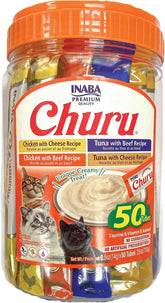 INABA Churu Cat Treats, Lickable, Squeezable Creamy Purée Cat Treat with Green Tea Extract & Taurine, 0.5 Ounces Each Tube, 50 Tubes, Beef & Cheese Variety