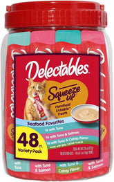 Delectables Squeeze Up Tuna with Salmon & Catnip Variety Pack, Creamy Squeezable Puree, Lickable Wet Cat Treats, Grain-Free, No Added Fillers, 0.5 Ounces Tube, 48 Tubes Total