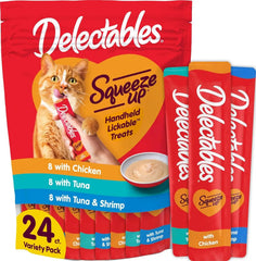 Delectables Squeeze Up Variety Pack, Creamy Squeezable Puree, Lickable Wet Cat Treats, Grain Free, No Added Fillers, No By-Products, No Added Preservatives, 0.5 Ounces Tube, 24 Tubes Total