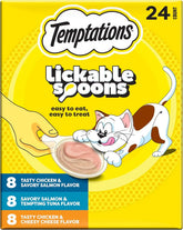 Temptations Lickable Spoons Wet Cat Treats, Variety Pack, 24 Count | Two irresistible flavors per spoon, mess-free creamy puree, hand-feed for bonding, use as treat or food topper, adult cats