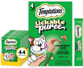 Temptations Creamy Puree Lickable Cat Treats, Seafood Medley, 4 Count, 11pk | Under 15 calories per tube, great for senior cats, no chewing required, no added sugar, wet squeezable treat, 0.42 oz. Tubes