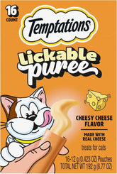 Temptations Creamy Puree Lickable Cat Treats, Cheese, 16 Count | Under 15 calories per tube, great for senior cats, no chewing required, no added sugar, wet squeezable treat, 0.42 oz. Tubes
