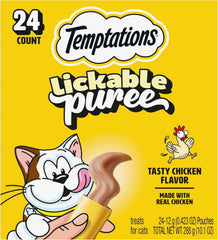 Temptations Creamy Puree Lickable Cat Treats, Chicken, 24 Count | Under 15 calories per tube, great for senior cats, no chewing required, no added sugar, wet squeezable treat, 0.42 oz. Tubes