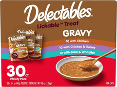 Delectables Lickable Treat Gravy Variety Wet Cat Treat & Food Topper, Food Topper, Hydrating, Grain-Free, No Fillers, No by-Products, No Added Preservatives, 1.4oz Pouch, 30 Pack