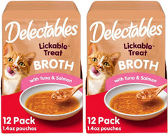 Delectables Lickable Treat Savory Broths Wet Cat Treat with Real Tuna & Salmon, Food Topper, Hydrating, Grain-Free, No Fillers, No By-Products, No-Added Preservatives, 1.4oz Pouch (Pack of 24)