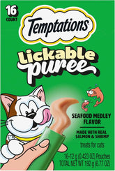 Temptations Creamy Puree Lickable Cat Treats, Seafood Medley, 16 Count | Under 15 calories per tube, great for senior cats, no chewing required, no added sugar, wet squeezable treat, 0.42 oz. Tubes