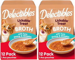 Delectables Lickable Treat Savory Broth Wet Cat Treat with Real Tuna & Shrimp, Food Topper, Hydrating, Grain-Free, No Fillers, No By-Products, No-Added Preservatives, 1.4oz Pouch (Pack of 24)