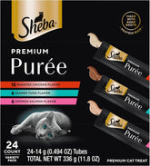 Sheba Premium Puree Lickable Cat Treats, Chicken, Salmon & Tuna, 24 Count | Grain-free, Real meat, squeezable tubes, no corn/wheat/soy, no artificial flavors, creamy texture, 0.49 oz. tubes