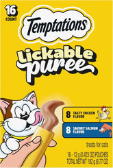 Temptations Creamy Puree Lickable Cat Treats, Chicken & Salmon, 16 Count | Under 15 calories per tube, great for senior cats, no chewing required, no added sugar, wet squeezable treat, 0.42 oz. Tubes