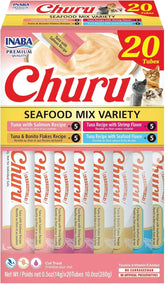 INABA Churu Cat Treats, Lickable, Squeezable Creamy Purée Cat Treat with Green Tea Extract & Taurine, 0.5 Ounces Each Tube, 20 Tubes, Seafood Variety Box