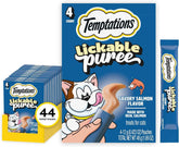 Temptations Creamy Puree Lickable Cat Treats, Salmon, 4 Count, 11 Pack | Under 15 calories per tube, great for senior cats, no chewing required, no added sugar, wet squeezable treat, 0.42 oz. Tubes
