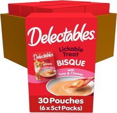 Delectables Lickable Treat Bisque Non-Seafood Wet Cat Treat with Real Tuna & Chicken, Food Topper, Hydrating, Grain-Free, No Fillers, By-Products, Added Preservatives, 1.4oz Pouch, 30ct
