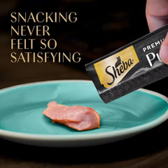 Sheba Premium Puree Lickable Cat Treats, Chicken, Salmon & Tuna, 24 Count | Grain-free, Real meat, squeezable tubes, no corn/wheat/soy, no artificial flavors, creamy texture, 0.49 oz. tubes