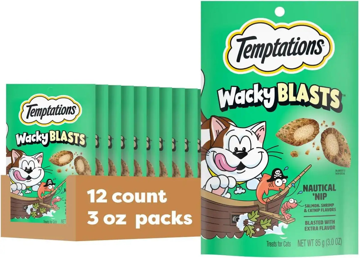 Temptations Wacky Blasts Cat Treats, Nautical 'Nip Flavor, 3 oz, 12 Pack | Salmon, shrimp & catnip flavor bits, crunchy outside/soft inside, under 2 cal per treat, 100% complete nutrition, resealable