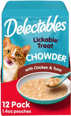 Delectables Lickable Treat Chowder Wet Cat Treat with Real Tuna & Chicken, Food Topper, Hydrating, Grain-Free, No Fillers, By-Products, Added Preservatives, 1.4oz Pouch, 12ct