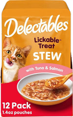 Delectables Lickable Treat Stew Wet Cat Treat with Real Tuna & Salmon, Food Topper, Hydrating, Grain-Free, No Fillers, No By-Products, No Added Preservatives, 1.4oz Pouch, 12ct
