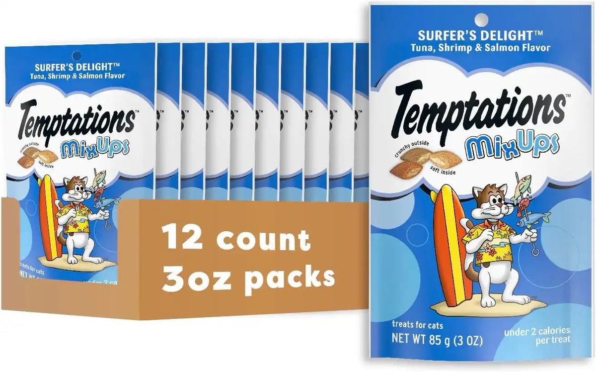 Temptations MixUps Crunchy Cat Treats, Surfer's Delight, 3 oz, 12 Pack | Tuna, Shrimp & Salmon flavors, under 2 calories per treat, soft inside, resealable value pouch, promotes dental health