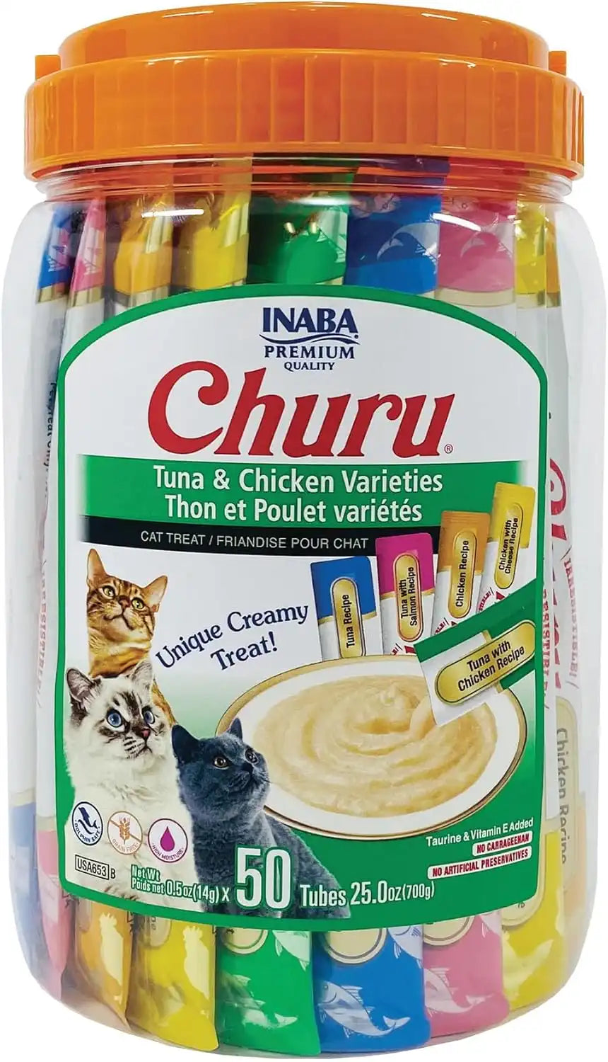 INABA Churu Cat Treats, Lickable, Squeezable Creamy Purée Cat Treat with Green Tea Extract & Taurine, 0.5 Ounces Each Tube, 50 Tubes, Tuna & Chicken Variety