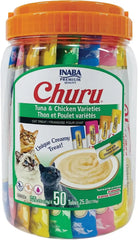 INABA Churu Cat Treats, Lickable, Squeezable Creamy Purée Cat Treat with Green Tea Extract & Taurine, 0.5 Ounces Each Tube, 50 Tubes, Tuna & Chicken Variety