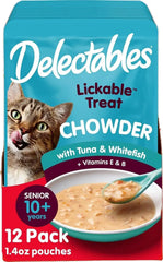 Delectables Lickable Treat Chowder Senior 10+ Wet Cat Treat with Real Tuna & Whitefish, Food Topper, Hydrating, Grain-Free, No Fillers, By-Products, Added Preservatives, 1.4oz Pouch, 12ct