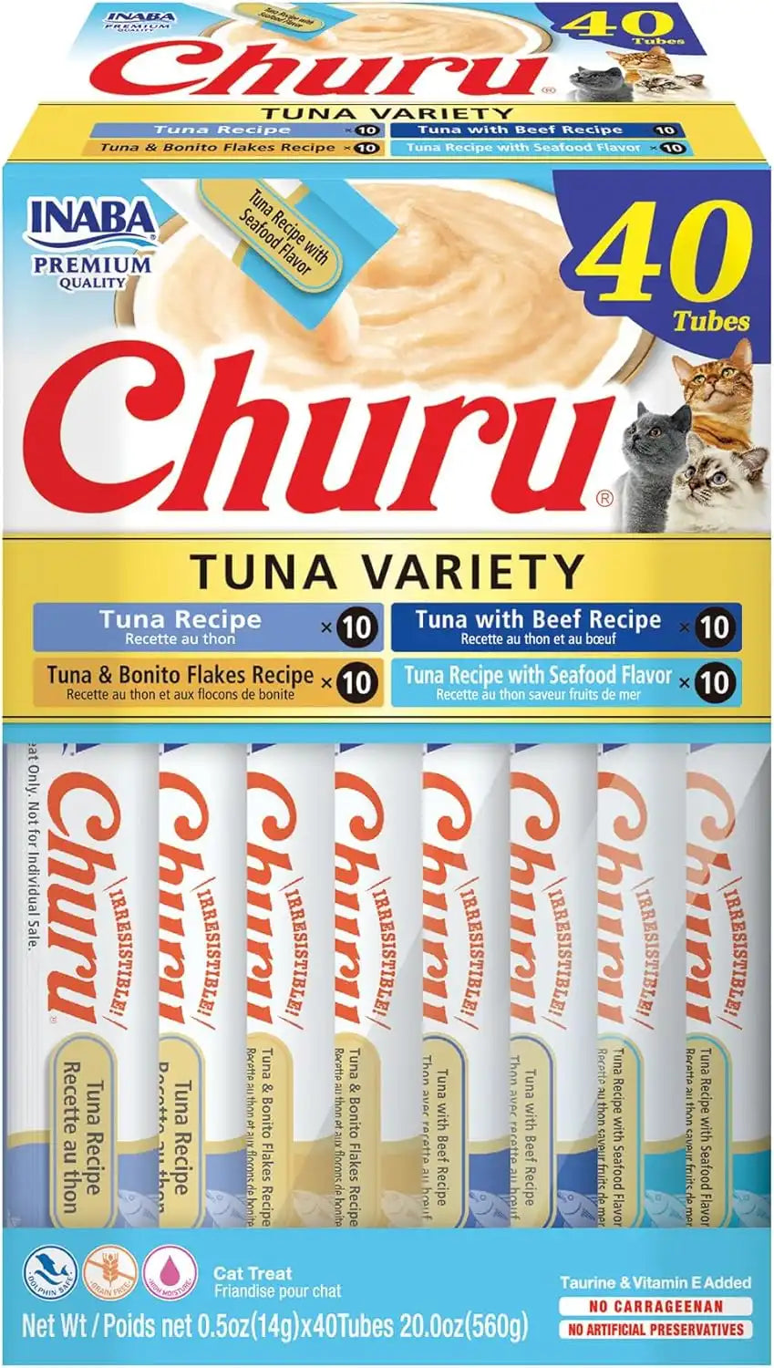 INABA Churu Cat Treats, Lickable, Squeezable Creamy Purée Cat Treat with Green Tea Extract & Taurine, 0.5 Ounces Each Tube, 40 Tubes, Tuna Variety Box