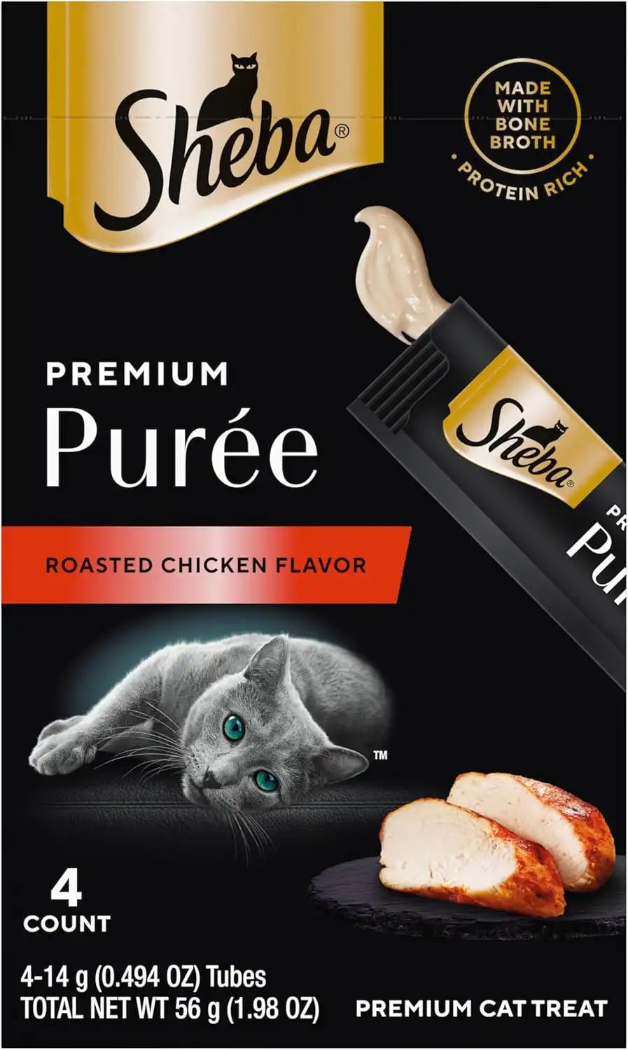 Sheba Premium Puree Lickable Cat Treats, Roasted Chicken, 4 Count, 11 Pack | Grain-free, squeezable tubes, real chicken & bone broth, no corn/wheat/soy, no artificial flavors, 0.49 oz. Tubes, 44 count