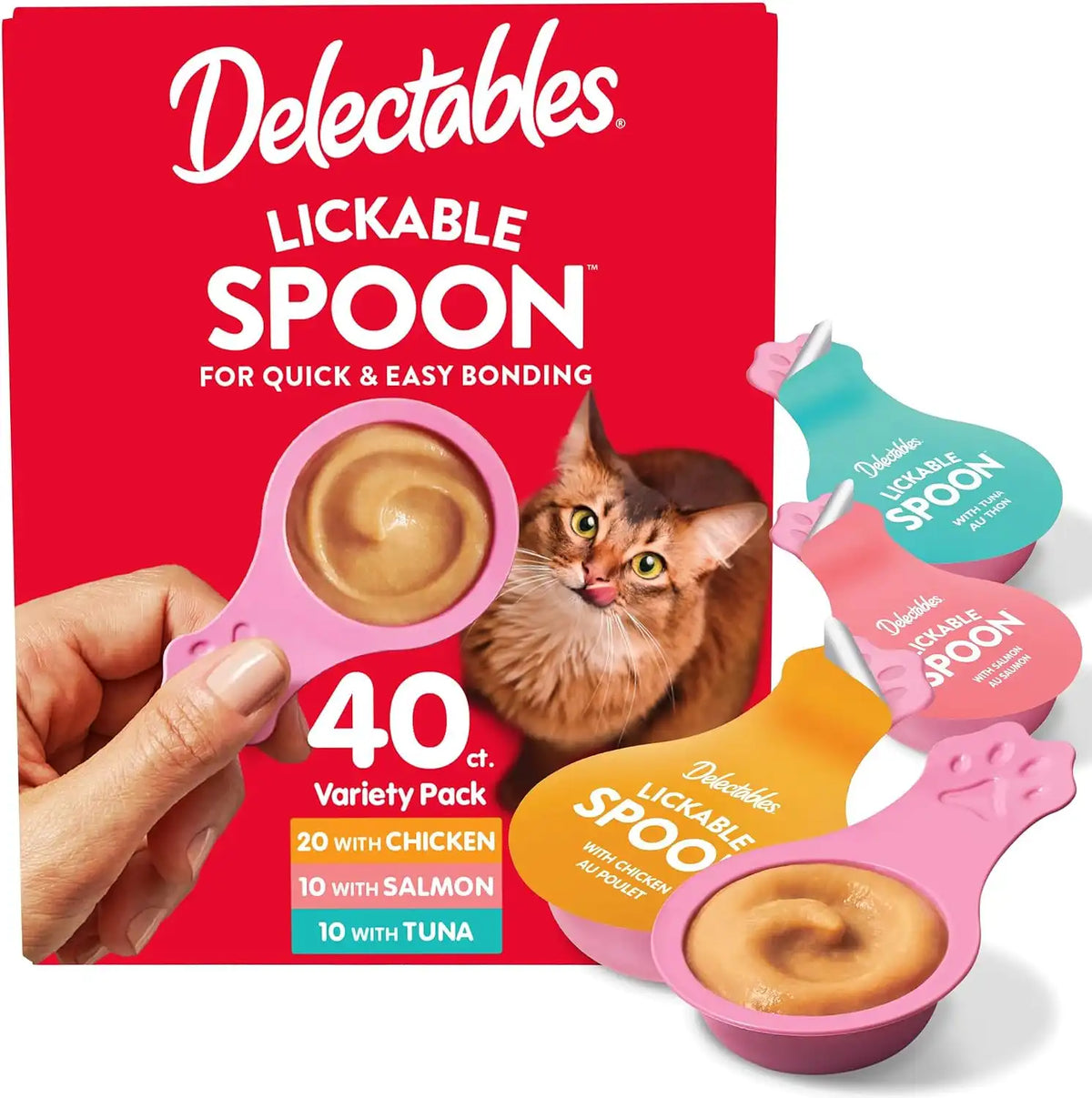 Delectables Lickable Spoon Handheld Wet Cat Treats Made with Real Tuna, Creamy Puree, Mess Free, Quick & Easy, Grain-Free, No Added Fillers, No Added Preservatives, Variety Pack 40ct
