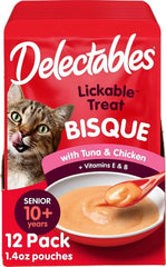 Delectables Lickable Treat Bisque Senior 10+ Wet Cat Treat with Real Tuna & Chicken, Food Topper, Hydrating, Grain-Free, No Fillers, By-Products, Added Preservatives, 1.4oz Pouch, 12ct