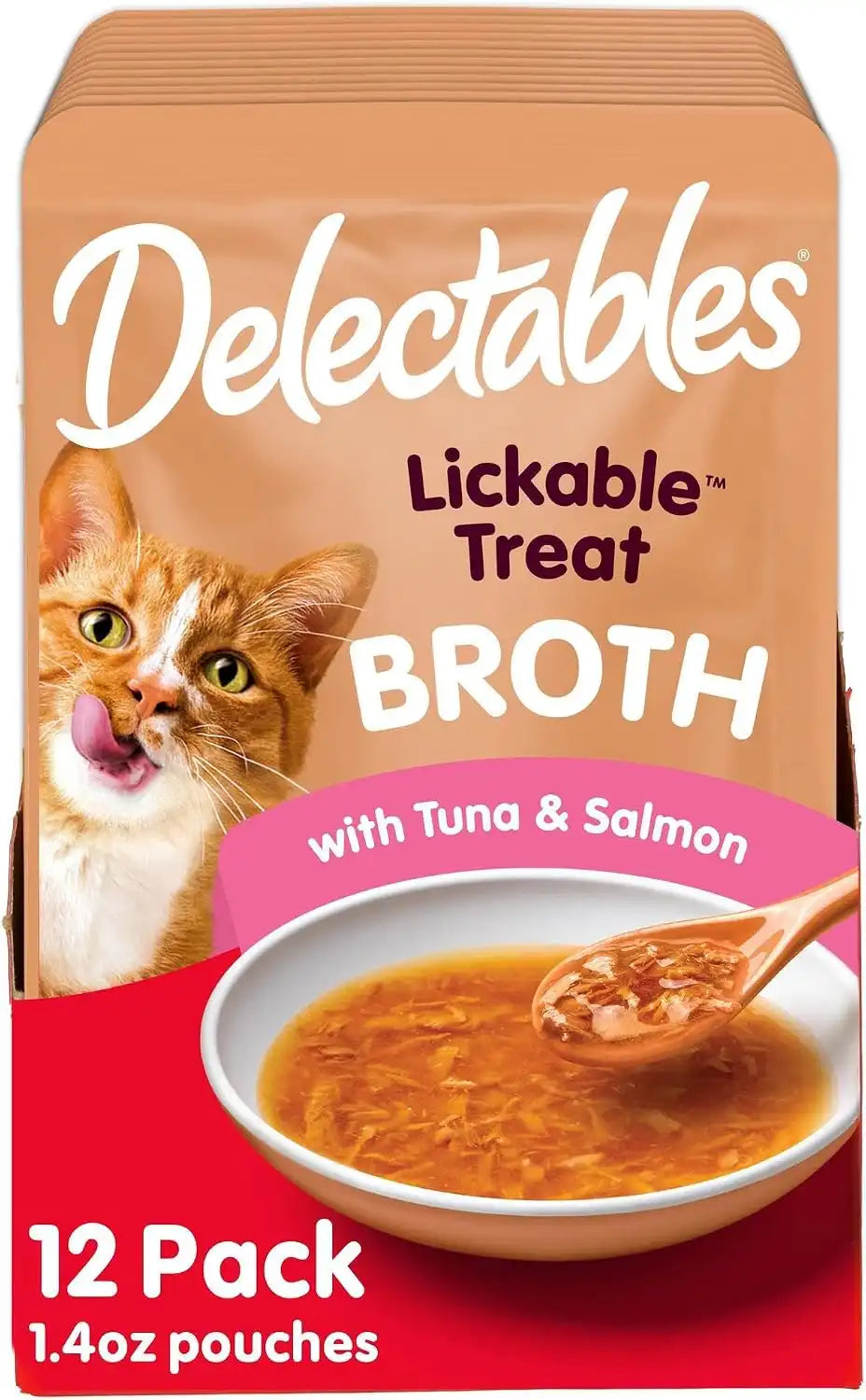 Delectables Lickable Treat Savory Broths Wet Cat Treat with Real Tuna & Salmon, Food Topper, Hydrating, Grain-Free, No Fillers, No By-Products, No Added Preservatives, 1.4oz Pouch, 12ct