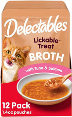 Delectables Lickable Treat Savory Broths Wet Cat Treat with Real Tuna & Salmon, Food Topper, Hydrating, Grain-Free, No Fillers, No By-Products, No Added Preservatives, 1.4oz Pouch, 12ct