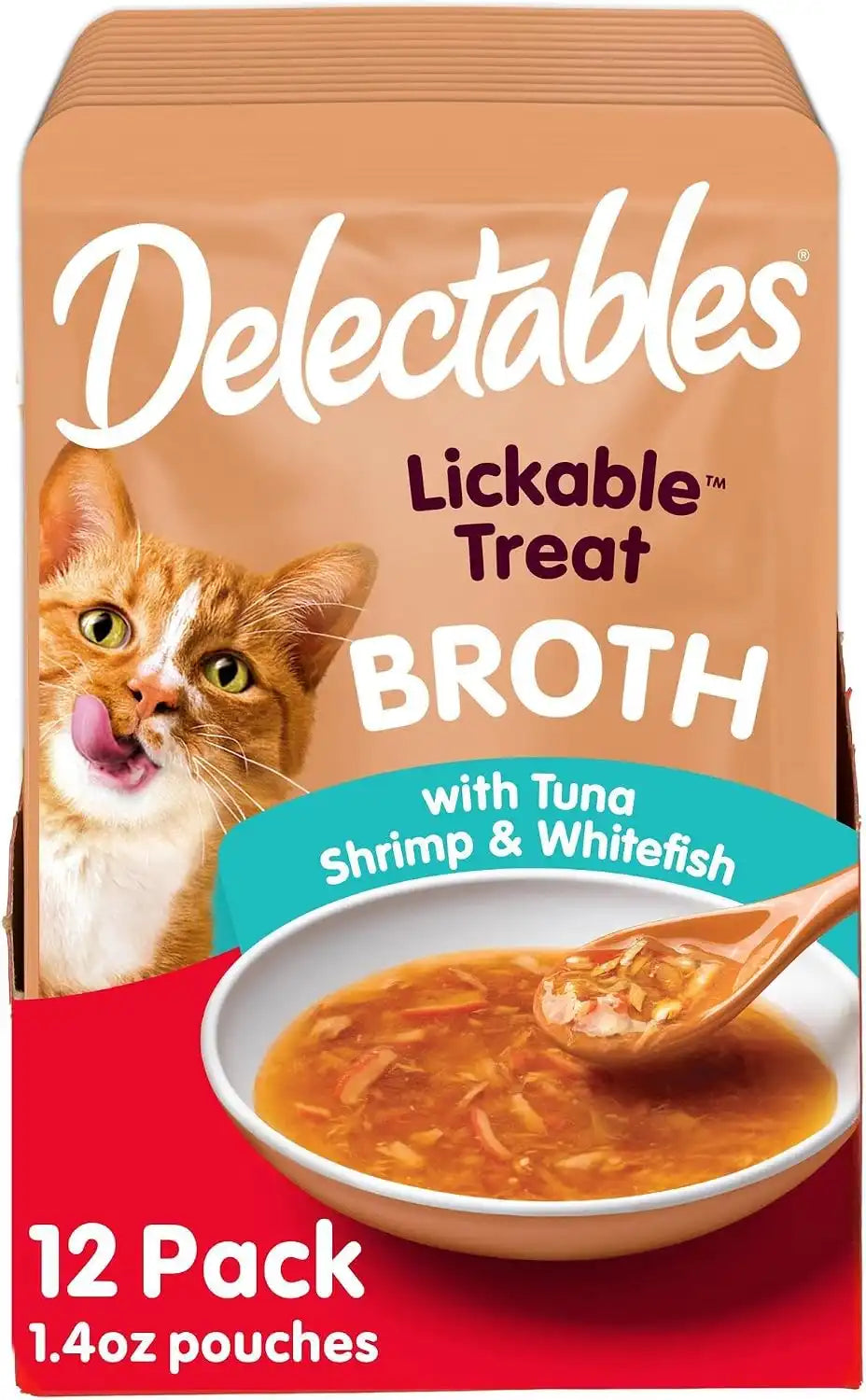 Delectables Lickable Treat Savory Broth Wet Cat Treat with Real Tuna & Shrimp, Food Topper, Hydrating, Grain-Free, No Fillers, No By-Products, No Added Preservatives, 1.4oz Pouch, 12ct