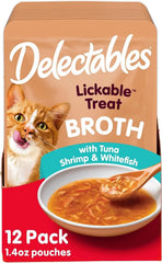 Delectables Lickable Treat Savory Broth Wet Cat Treat with Real Tuna & Shrimp, Food Topper, Hydrating, Grain-Free, No Fillers, No By-Products, No Added Preservatives, 1.4oz Pouch, 12ct