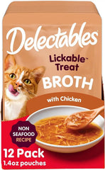 Delectables Lickable Treat Savory Broth Non-Seafood Wet Cat Treat with Real Chicken, Food Topper, Hydrating, Grain-Free, No Fillers, No By-Products, No Added Preservatives, 1.4oz Pouch, 12ct