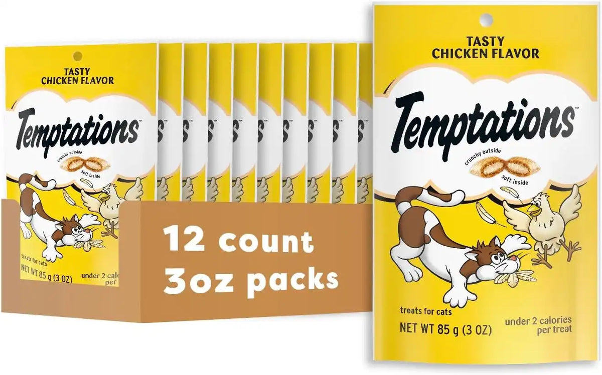 Temptations Classic Crunchy and Soft Cat Treats, Tasty Chicken, 3 oz, 12pk | Under 2 calories per treat, crunchy outside & soft inside, 100% complete & balanced, resealable pouch, meal or food topper