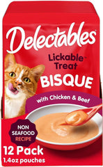 Delectables Lickable Treat Bisque Non-Seafood Wet Cat Treat with Real Chicken & Beef, Food Topper, Hydrating, Grain-Free, No Fillers, By-Products, Added Preservatives, 1.4oz Pouch, 12ct
