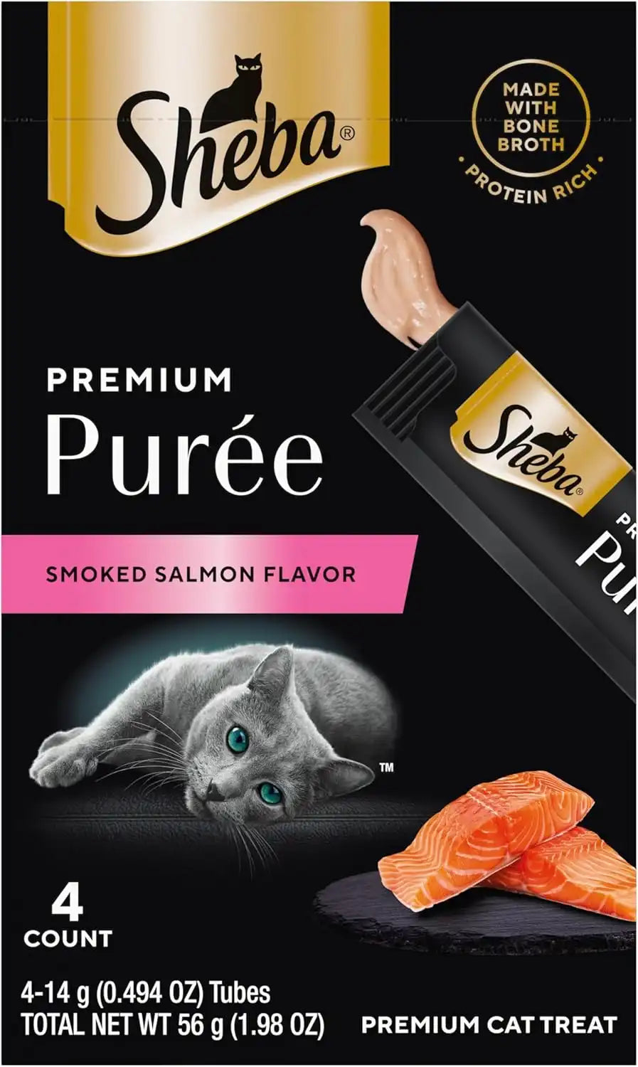 Sheba Premium Puree Lickable Cat Treats, Smoked Salmon, 4 Count, 11 Pack | Grain-free, 44 tubes total, real salmon, chicken bone broth, no corn/wheat/soy, single-serve squeezable tube, 0.49 oz. tubes