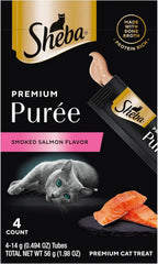 Sheba Premium Puree Lickable Cat Treats, Smoked Salmon, 4 Count, 11 Pack | Grain-free, 44 tubes total, real salmon, chicken bone broth, no corn/wheat/soy, single-serve squeezable tube, 0.49 oz. tubes