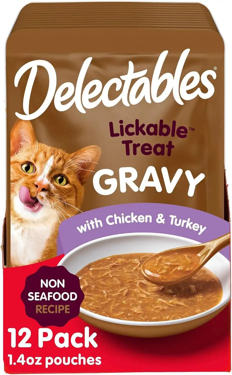 Delectables Lickable Treat Gravy Non-Seafood Wet Cat Treat with Real Chicken & Turkey, Food Topper, Hydrating, Grain-Free, No Fillers, By-Products, Added Preservatives, 1.4oz Pouch, 12ct
