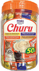 INABA Churu Cat Treats, Lickable, Squeezable Creamy Purée Cat Treat with Green Tea Extract & Taurine, 0.5 Ounces Each Tube, 50 Tubes, Beef & Cheese Variety