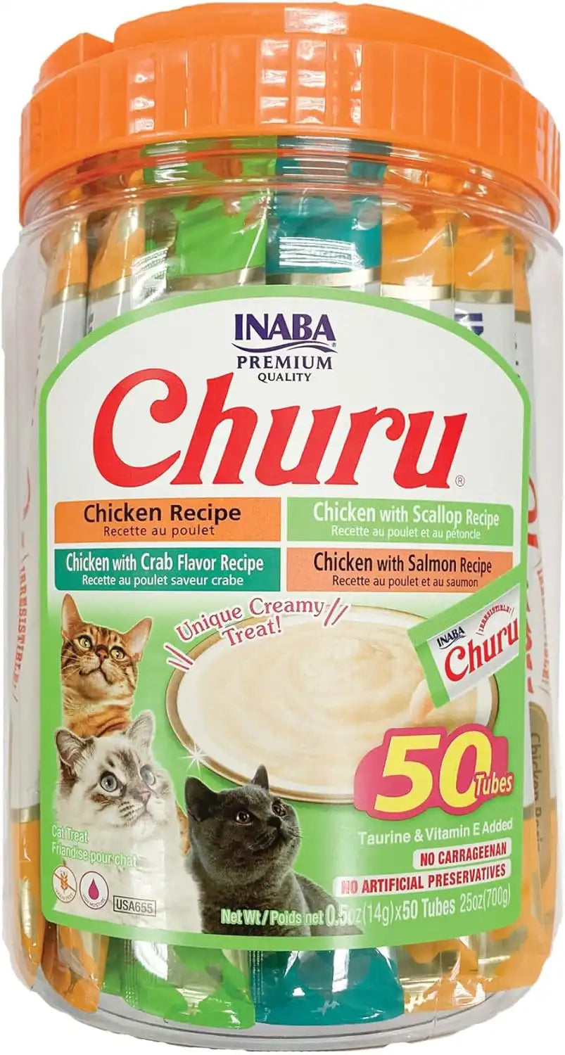 INABA Churu Cat Treats, Lickable, Squeezable Creamy Purée Cat Treat with Green Tea Extract & Taurine, 0.5 Ounces Each Tube, 50 Tubes, Chicken & Seafood Variety